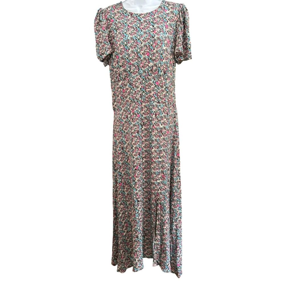 AFRM Womens Microfloral Black Blue Pink Puff Sleeve Maxi Dress Size XL Open Back